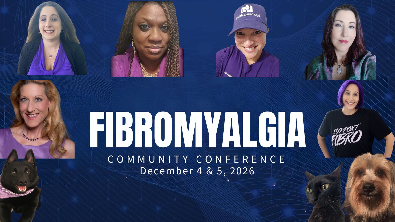Fibromyalgia Community Conference, December 4 and 5, 2026, with photos of community members and their pets